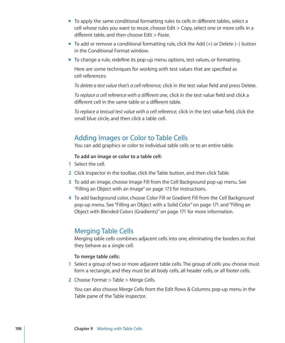 Adding images or color to table cells, Merging table cells | Apple Pages '09 User Manual | Page 198 / 279