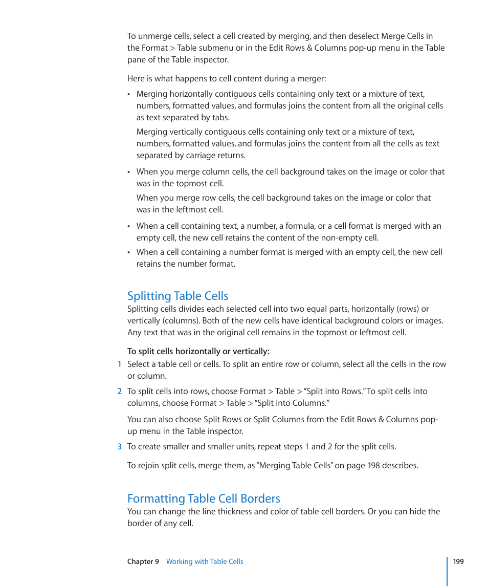 Splitting table cells, Formatting table cell borders, 199 de | Apple Pages '09 User Manual | Page 199 / 279