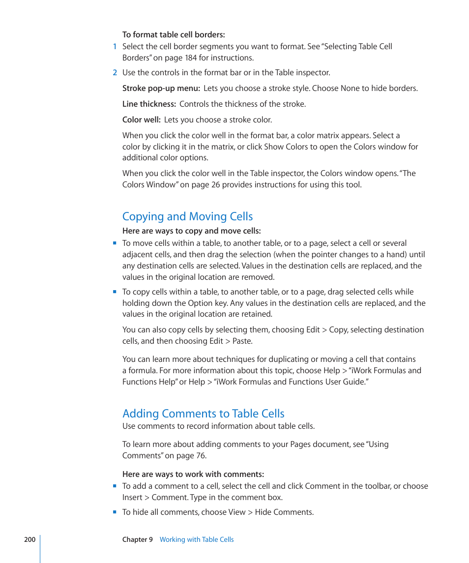 Copying and moving cells, Adding comments to table cells, Copying and moving | Cells | Apple Pages '09 User Manual | Page 200 / 279