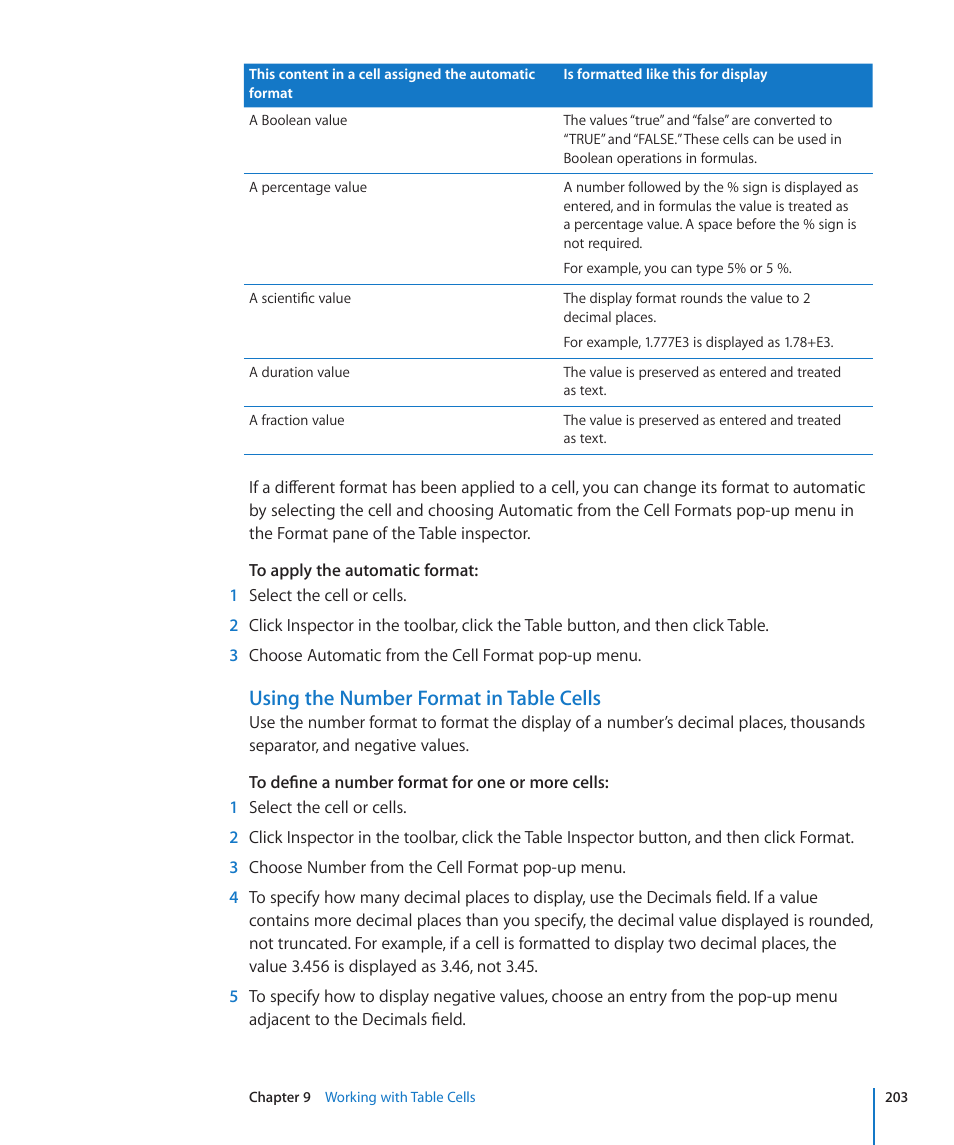 Using the number format in table cells | Apple Pages '09 User Manual | Page 203 / 279