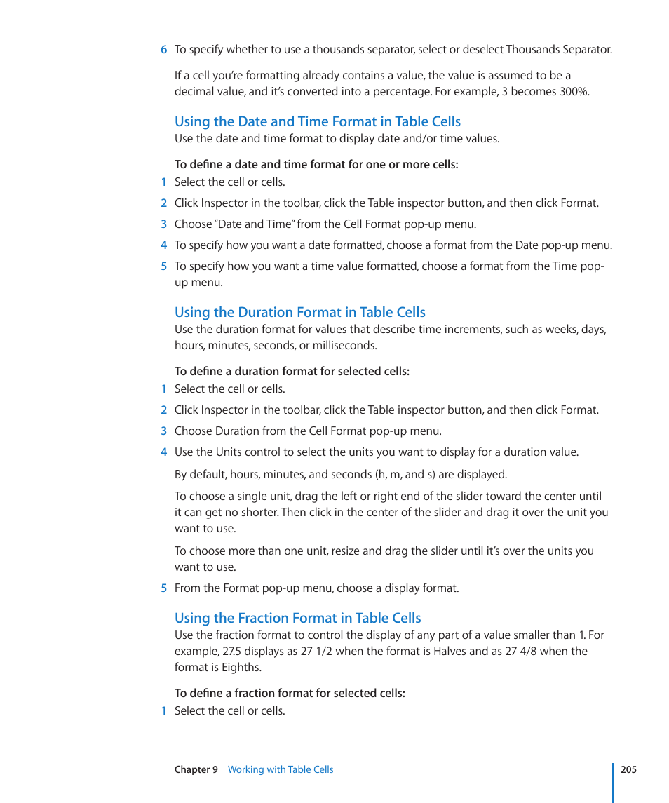 Using the date and time format in table cells, Using the duration format in table cells, Using the fraction format in table cells | Apple Pages '09 User Manual | Page 205 / 279