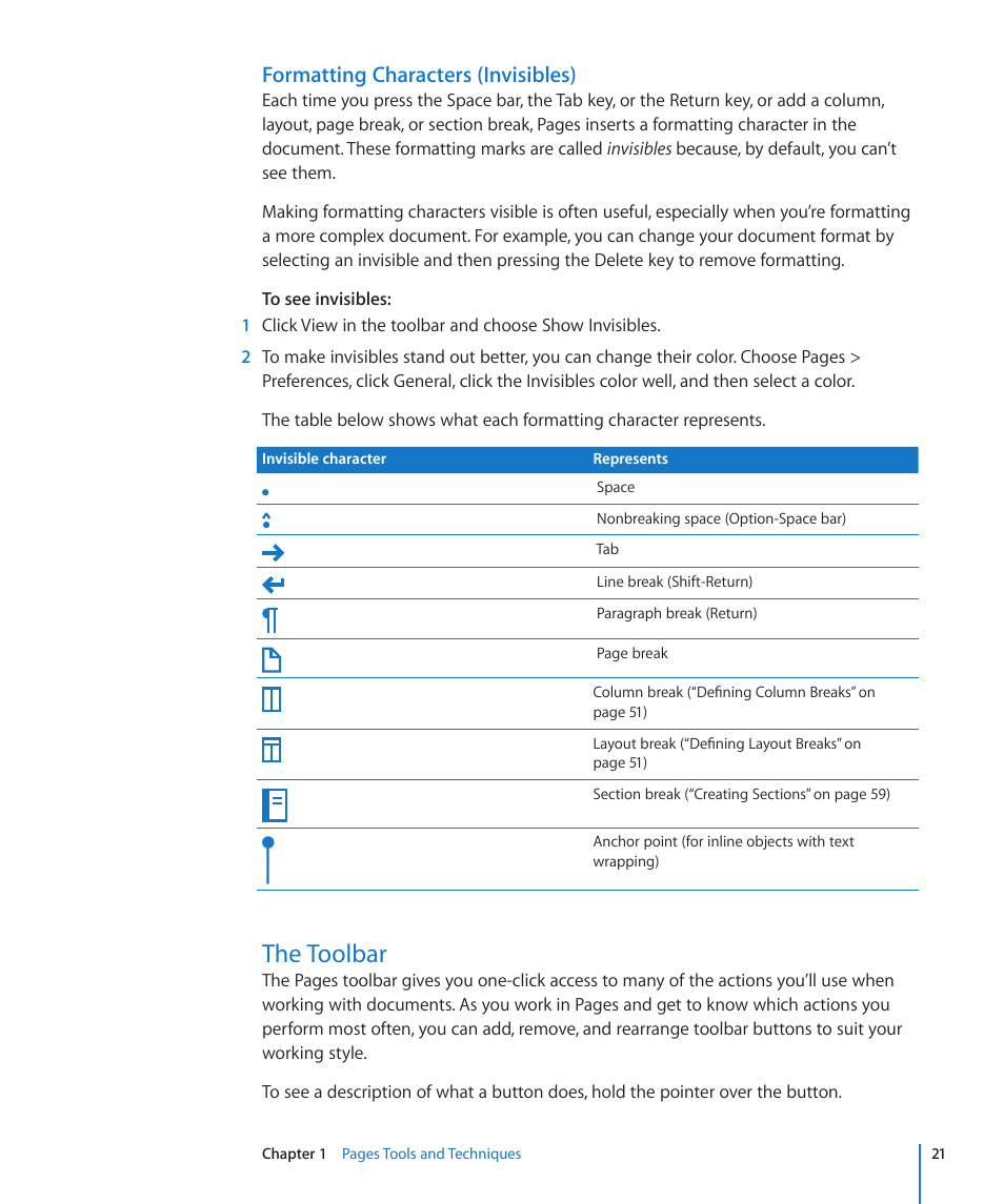 Formatting characters (invisibles), The toolbar, 21 the toolbar | Apple Pages '09 User Manual | Page 21 / 279