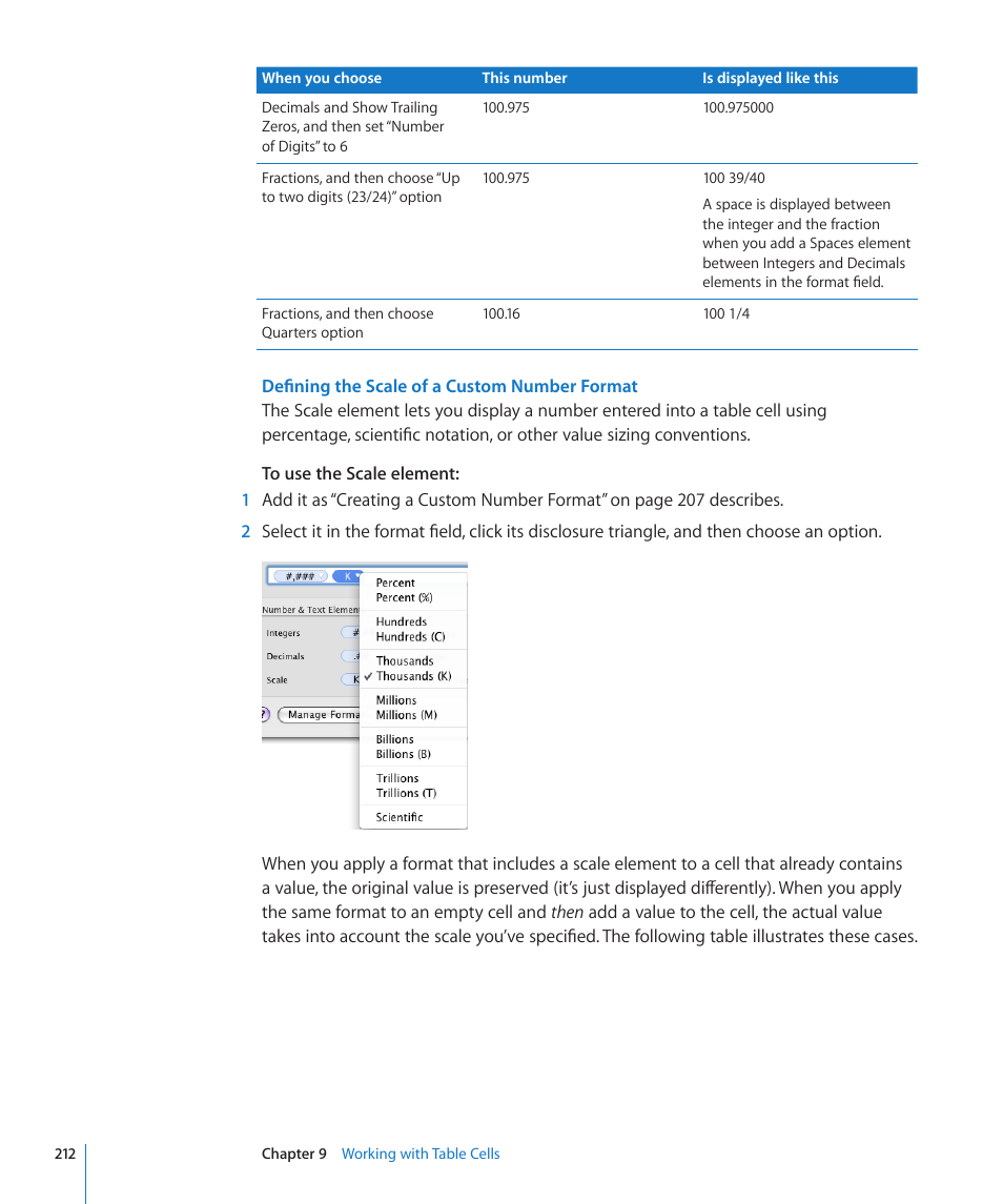 Defining the scale of a custom number format, 212 f | Apple Pages '09 User Manual | Page 212 / 279