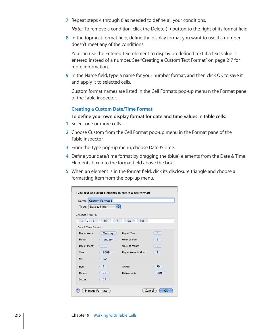 Creating a custom date/time format | Apple Pages '09 User Manual | Page 216 / 279