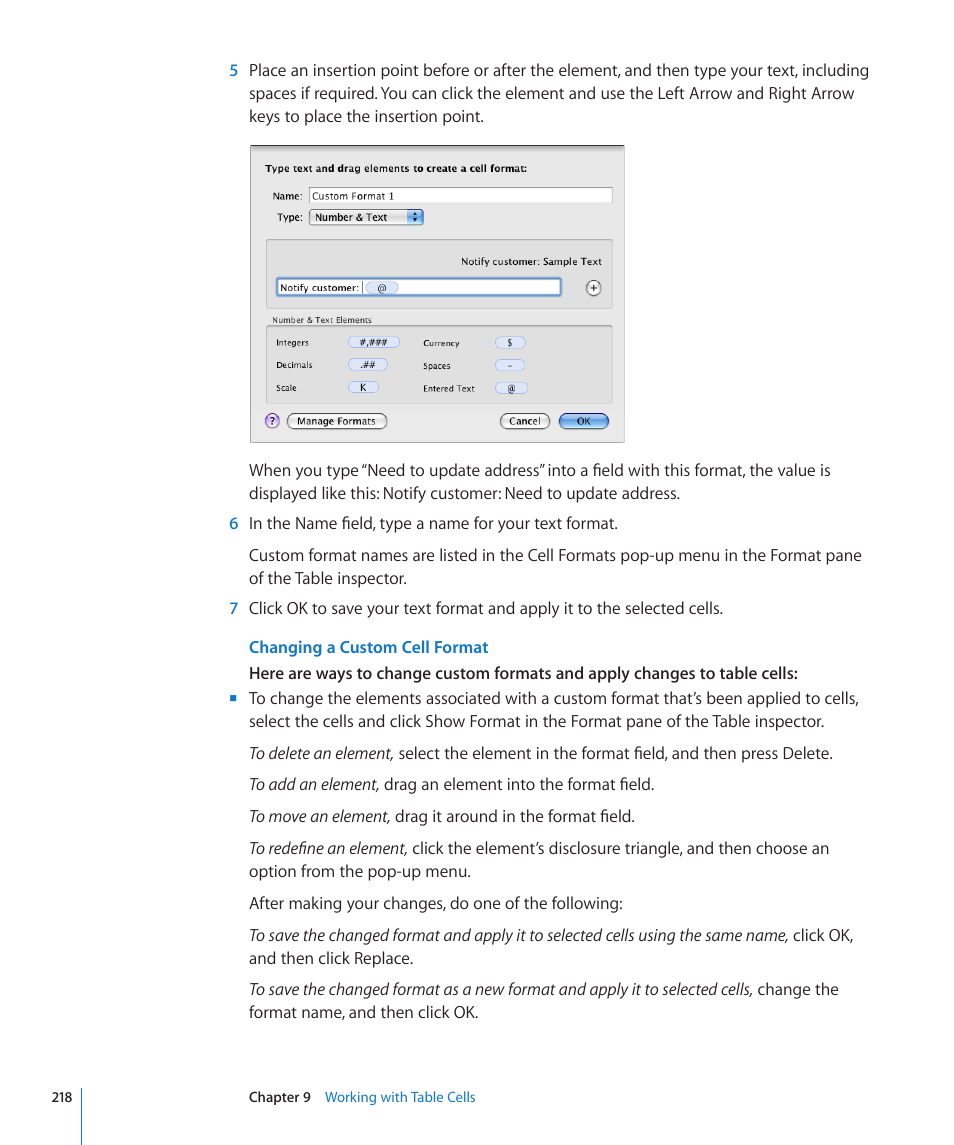 Changing a custom cell format | Apple Pages '09 User Manual | Page 218 / 279