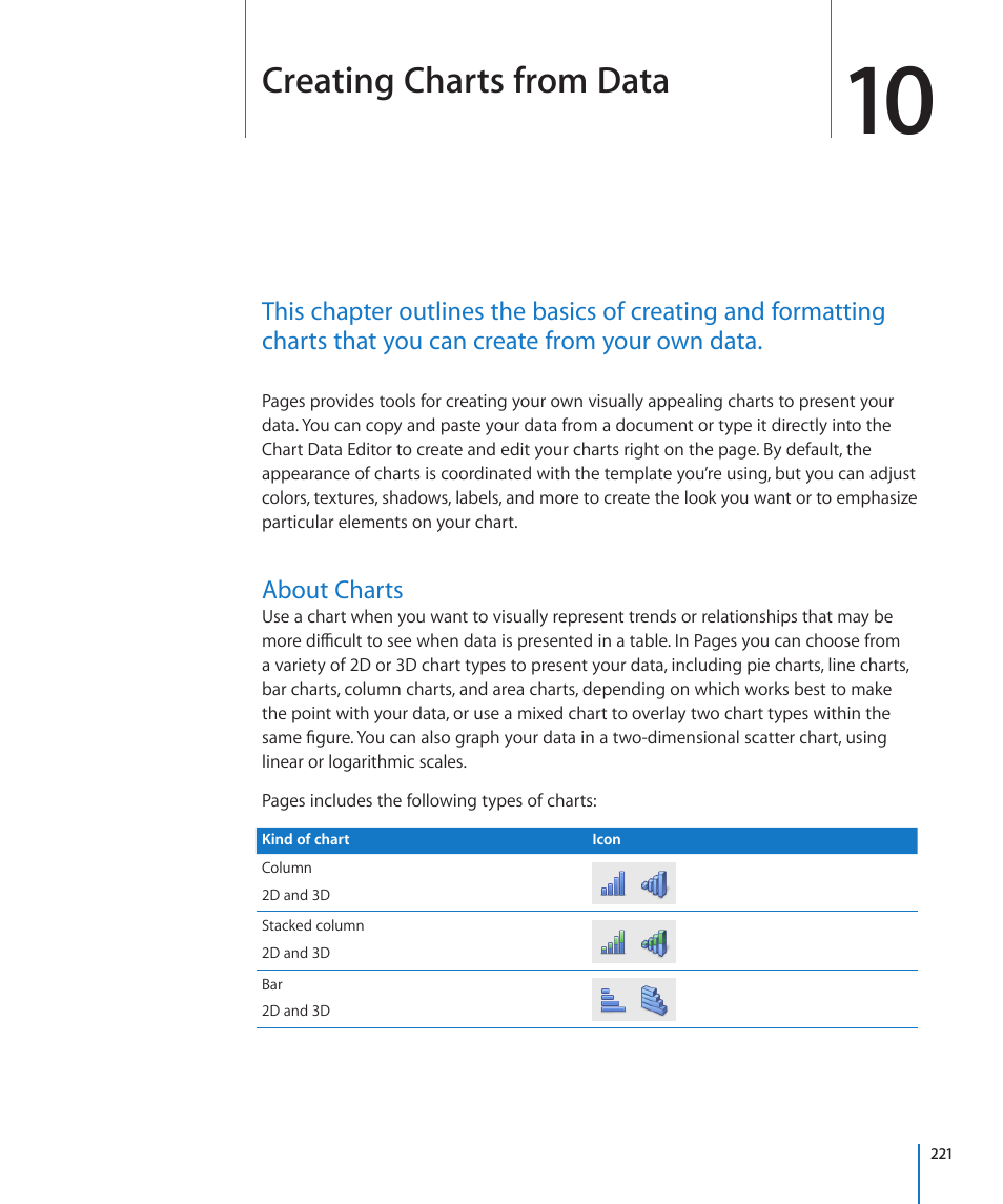 Chapter 10: creating charts from data, About charts, Chapter 10: creating charts from data | 221 about charts, Creating charts from data | Apple Pages '09 User Manual | Page 221 / 279