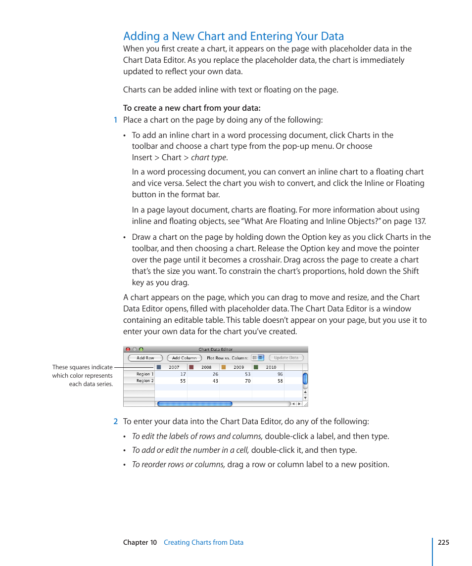 Adding a new chart and entering your data, 225 adding a new chart and entering your data | Apple Pages '09 User Manual | Page 225 / 279