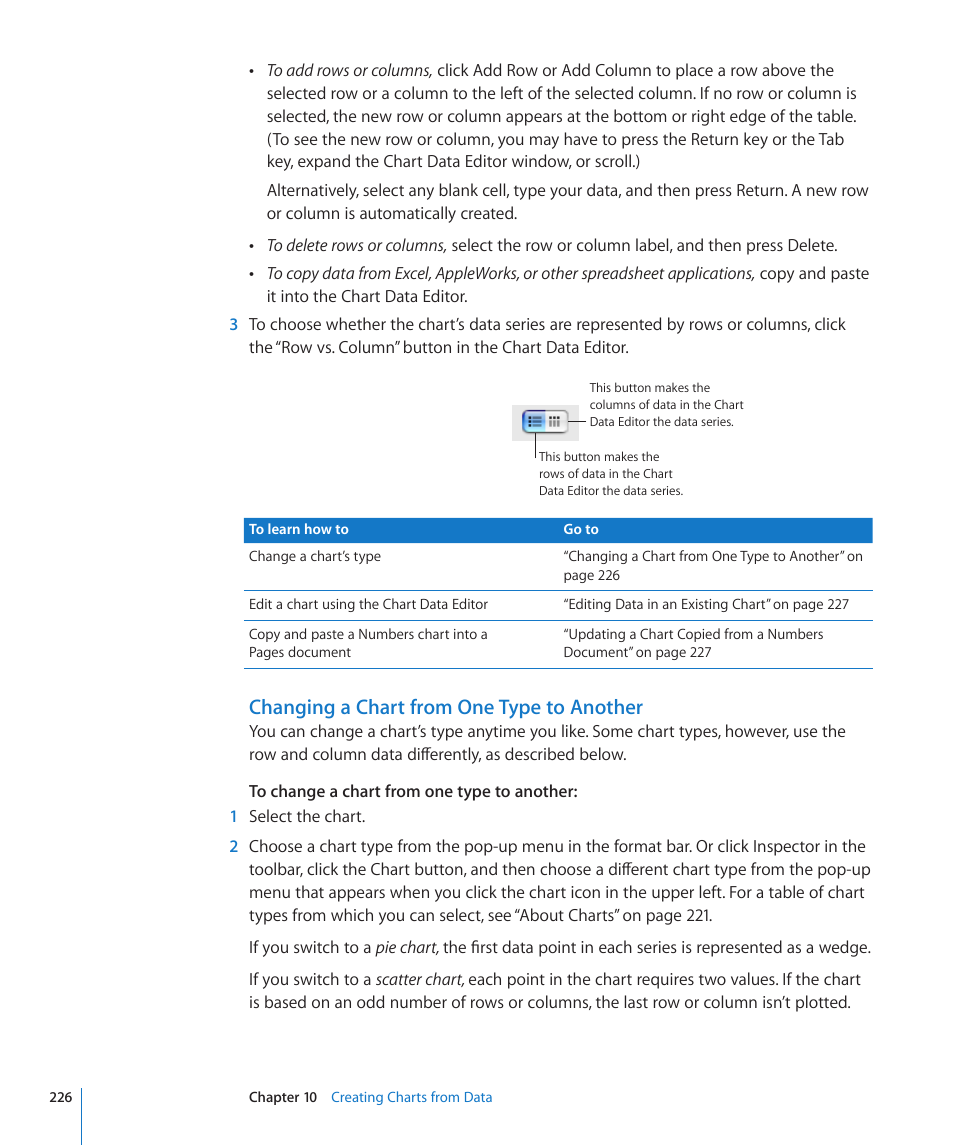Changing a chart from one type to another | Apple Pages '09 User Manual | Page 226 / 279