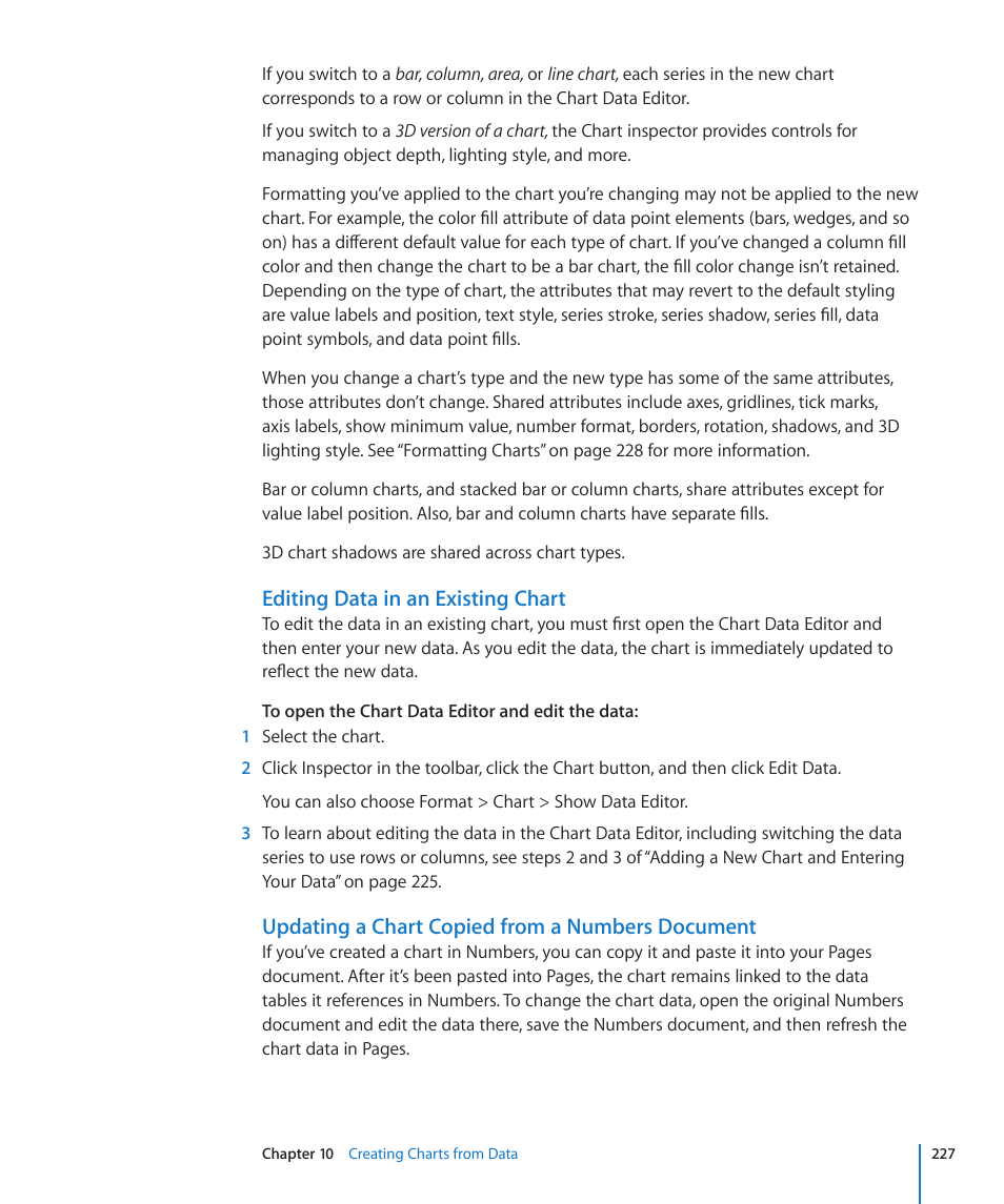 Editing data in an existing chart, Updating a chart copied from a numbers document, Changing a chart from one type to another | Apple Pages '09 User Manual | Page 227 / 279