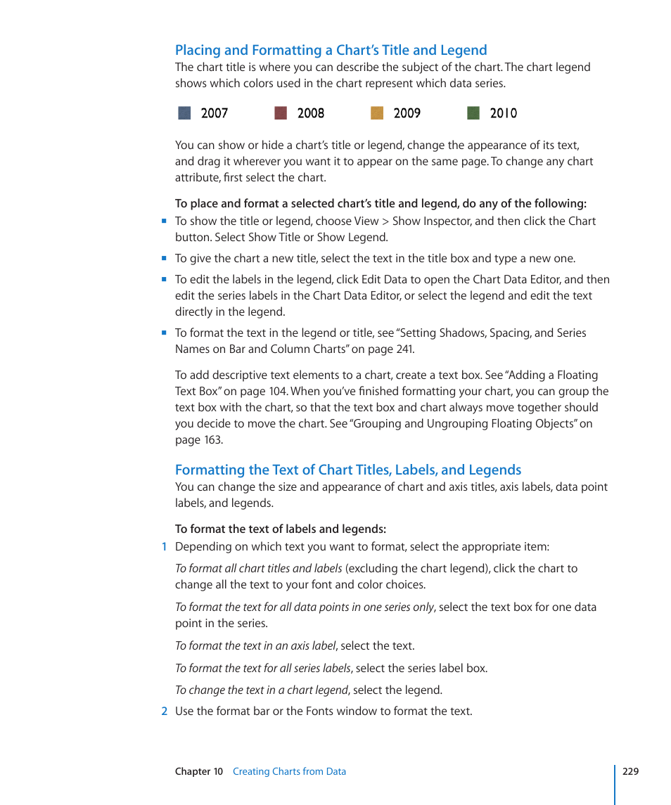 Placing and formatting a chart’s title and legend | Apple Pages '09 User Manual | Page 229 / 279