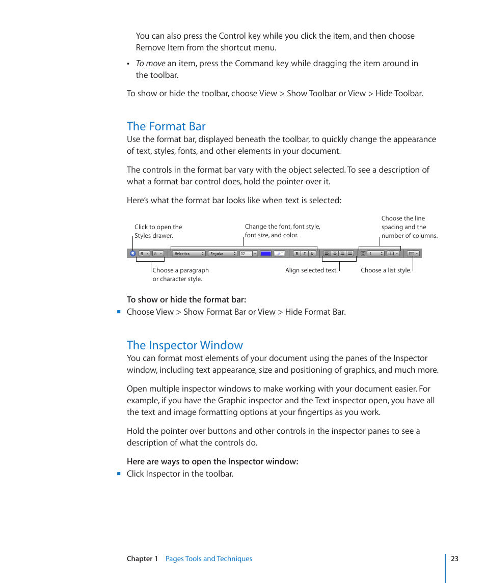 The format bar, The inspector window, 23 the format bar 23 the inspector window | Apple Pages '09 User Manual | Page 23 / 279