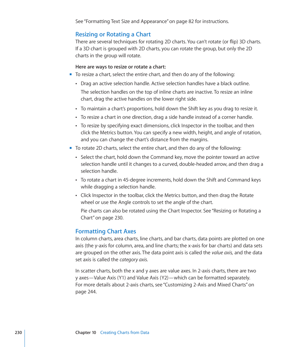 Resizing or rotating a chart, Formatting chart axes | Apple Pages '09 User Manual | Page 230 / 279