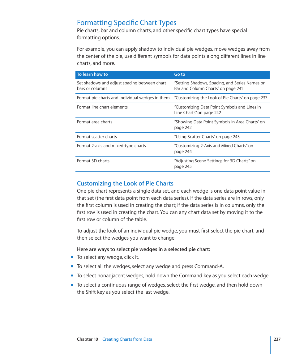 Formatting specific chart types, Customizing the look of pie charts, 237 formatting specific chart types 237 | Apple Pages '09 User Manual | Page 237 / 279