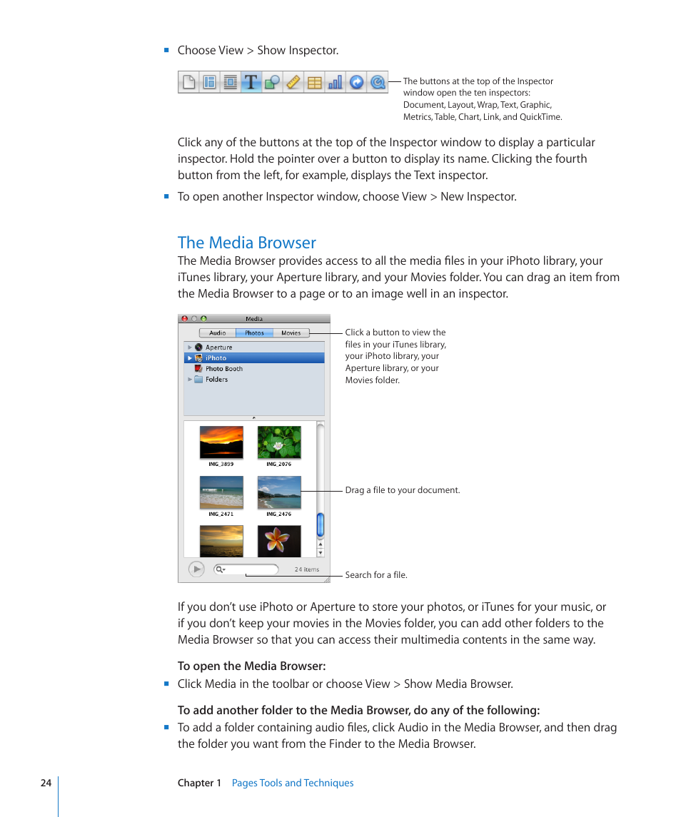The media browser, 24 the media browser | Apple Pages '09 User Manual | Page 24 / 279