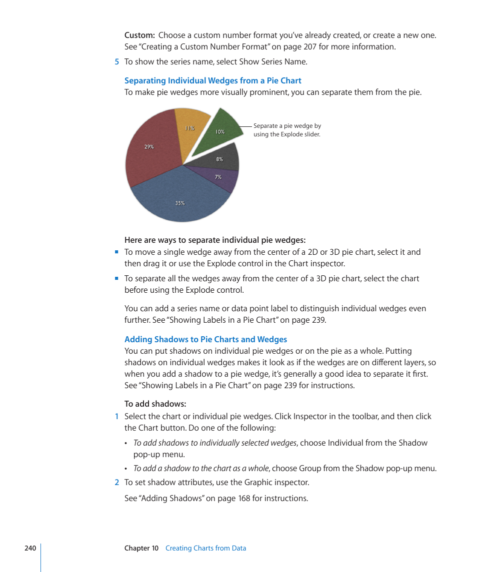 Separating individual wedges from a pie chart, Adding shadows to pie charts and wedges | Apple Pages '09 User Manual | Page 240 / 279