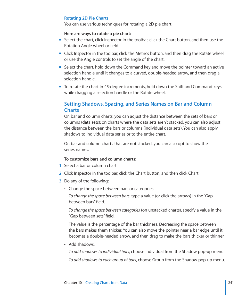Rotating 2d pie charts, Setting shadows, spacing, and series, Names on bar and column charts | Apple Pages '09 User Manual | Page 241 / 279