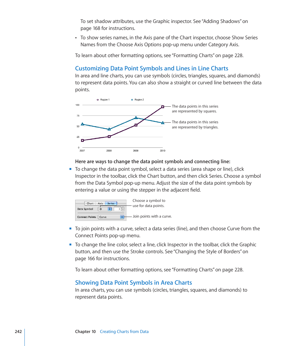 Showing data point symbols in area charts, 242 and | Apple Pages '09 User Manual | Page 242 / 279