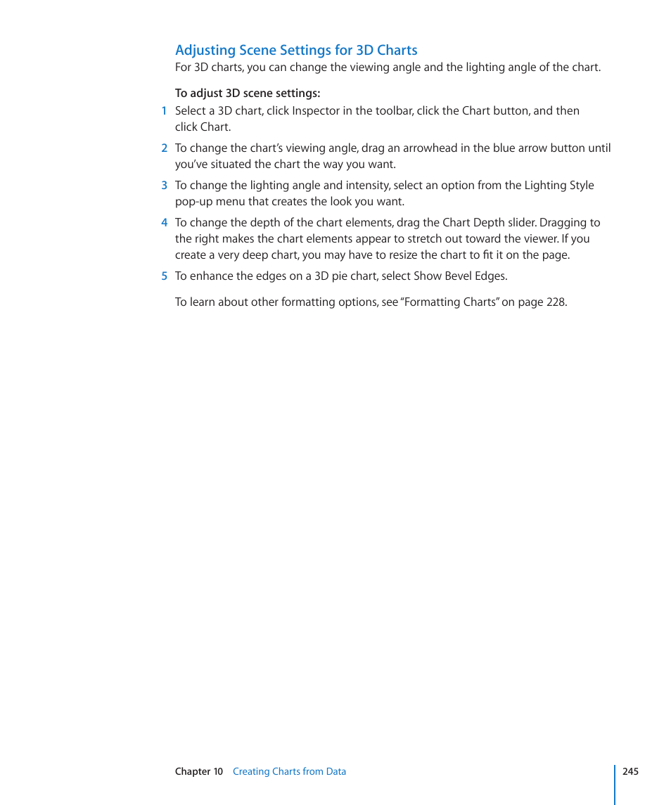 Adjusting scene settings for 3d charts | Apple Pages '09 User Manual | Page 245 / 279