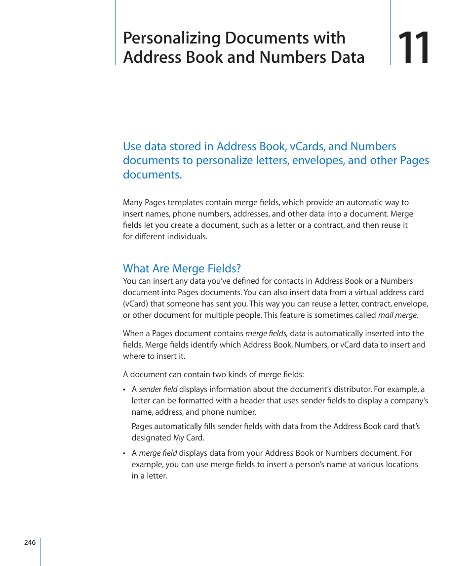 What are merge fields, Numbers data, 246 what are merge fields | Apple Pages '09 User Manual | Page 246 / 279