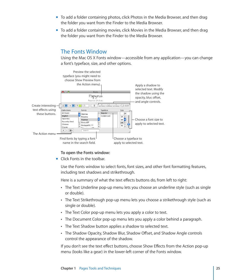 The fonts window, 25 the fonts window | Apple Pages '09 User Manual | Page 25 / 279