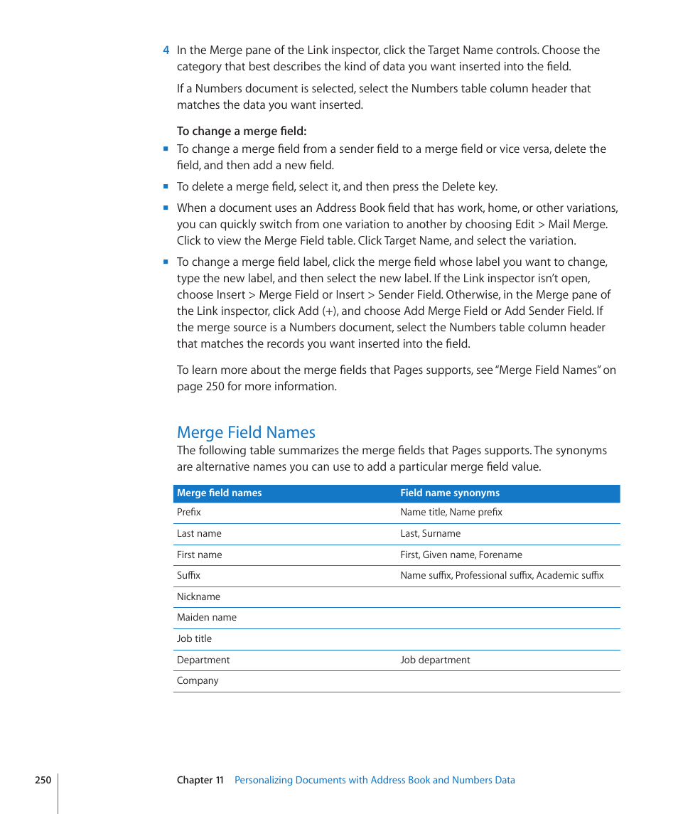 Merge field names, 250 merge field names | Apple Pages '09 User Manual | Page 250 / 279