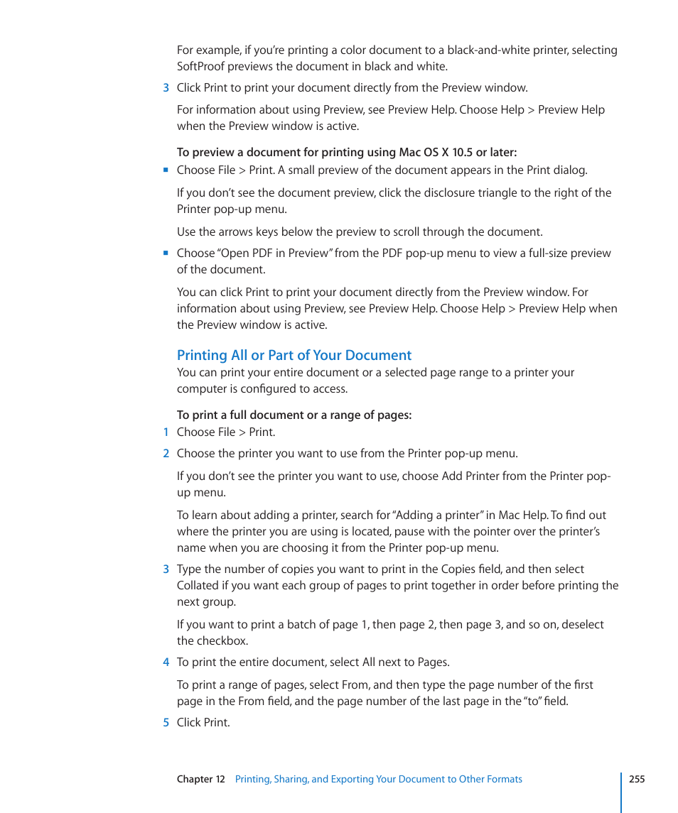 Printing all or part of your document | Apple Pages '09 User Manual | Page 255 / 279