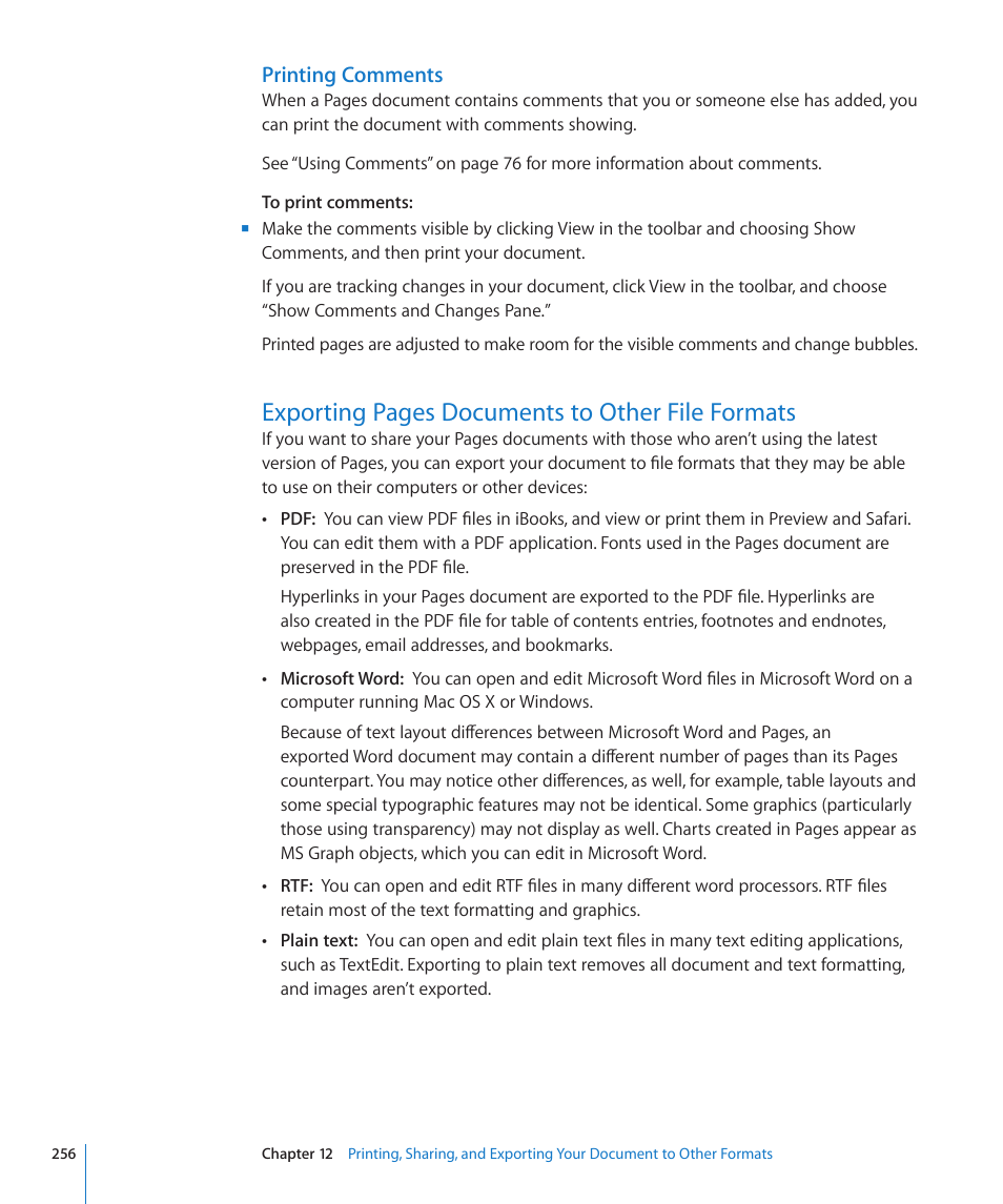 Printing comments, Exporting pages documents to other file formats | Apple Pages '09 User Manual | Page 256 / 279