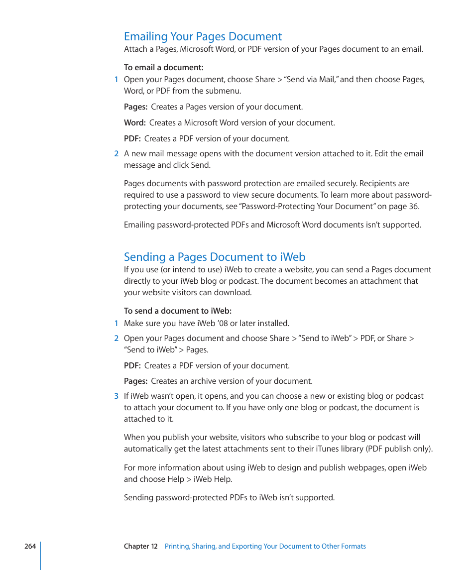 Emailing your pages document, Sending a pages document to iweb | Apple Pages '09 User Manual | Page 264 / 279