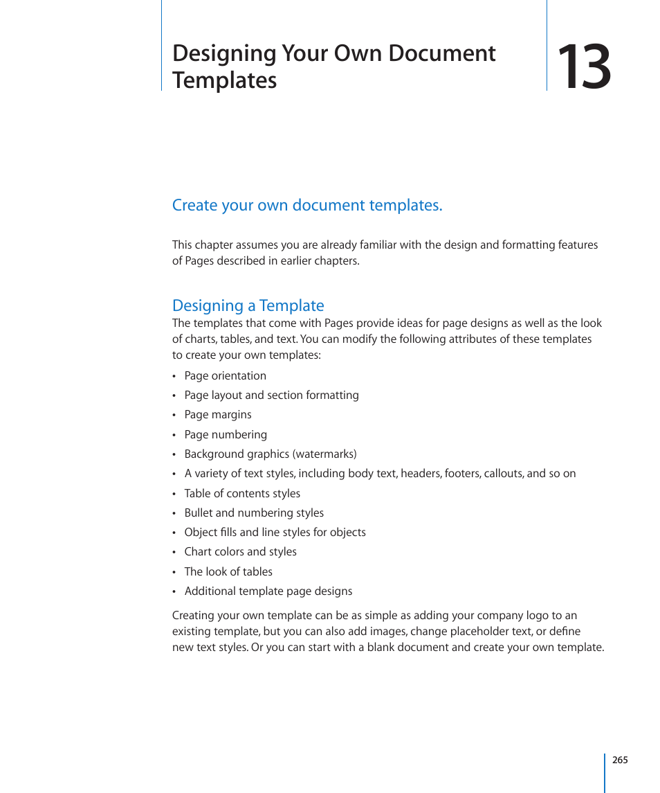 Chapter 13: designing your own document templates, Designing a template, Chapter 13: designing your own document templates | 265 designing a template, Designing your own document templates, Create your own document templates | Apple Pages '09 User Manual | Page 265 / 279