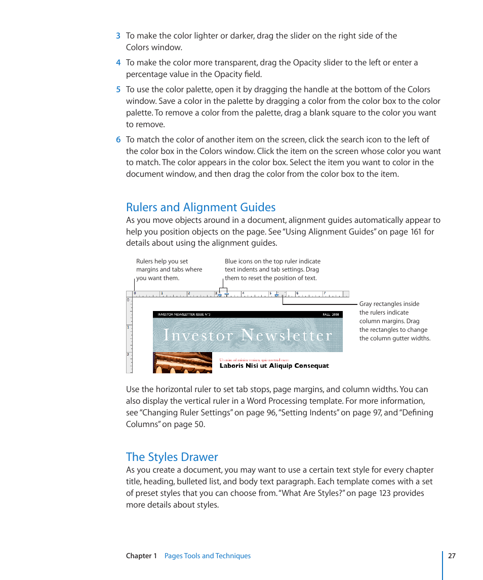 Rulers and alignment guides, The styles drawer, 27 f | Apple Pages '09 User Manual | Page 27 / 279