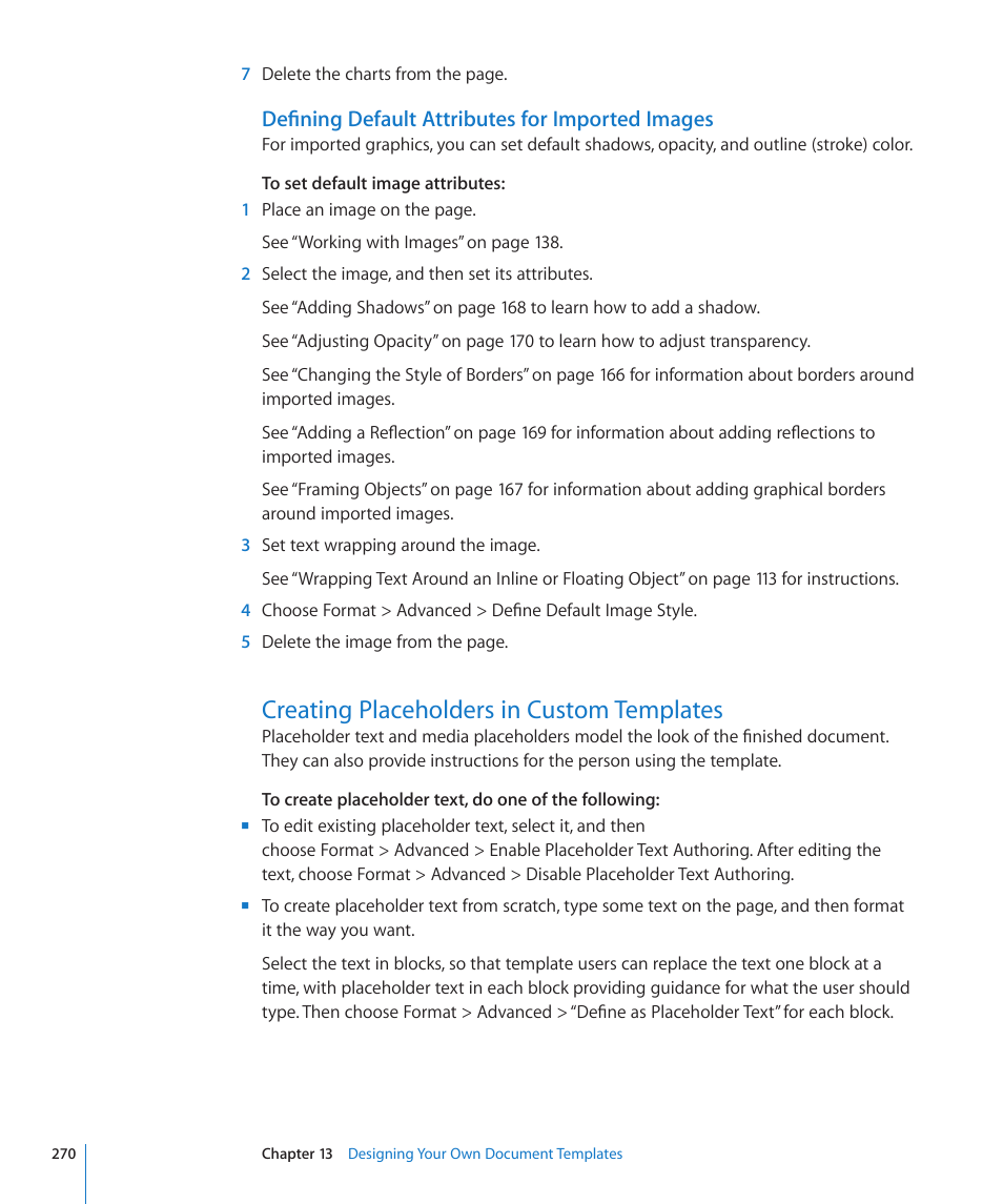 Defining default attributes for imported images, Creating placeholders in custom templates, 270 creating placeholders in custom templates | Apple Pages '09 User Manual | Page 270 / 279