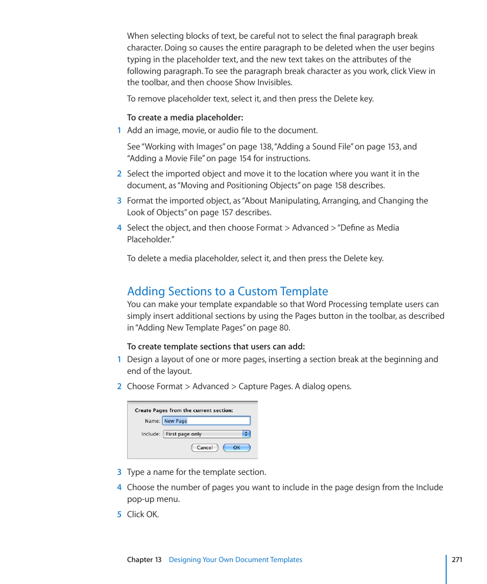 Adding sections to a custom template, 271 adding sections to a custom template | Apple Pages '09 User Manual | Page 271 / 279