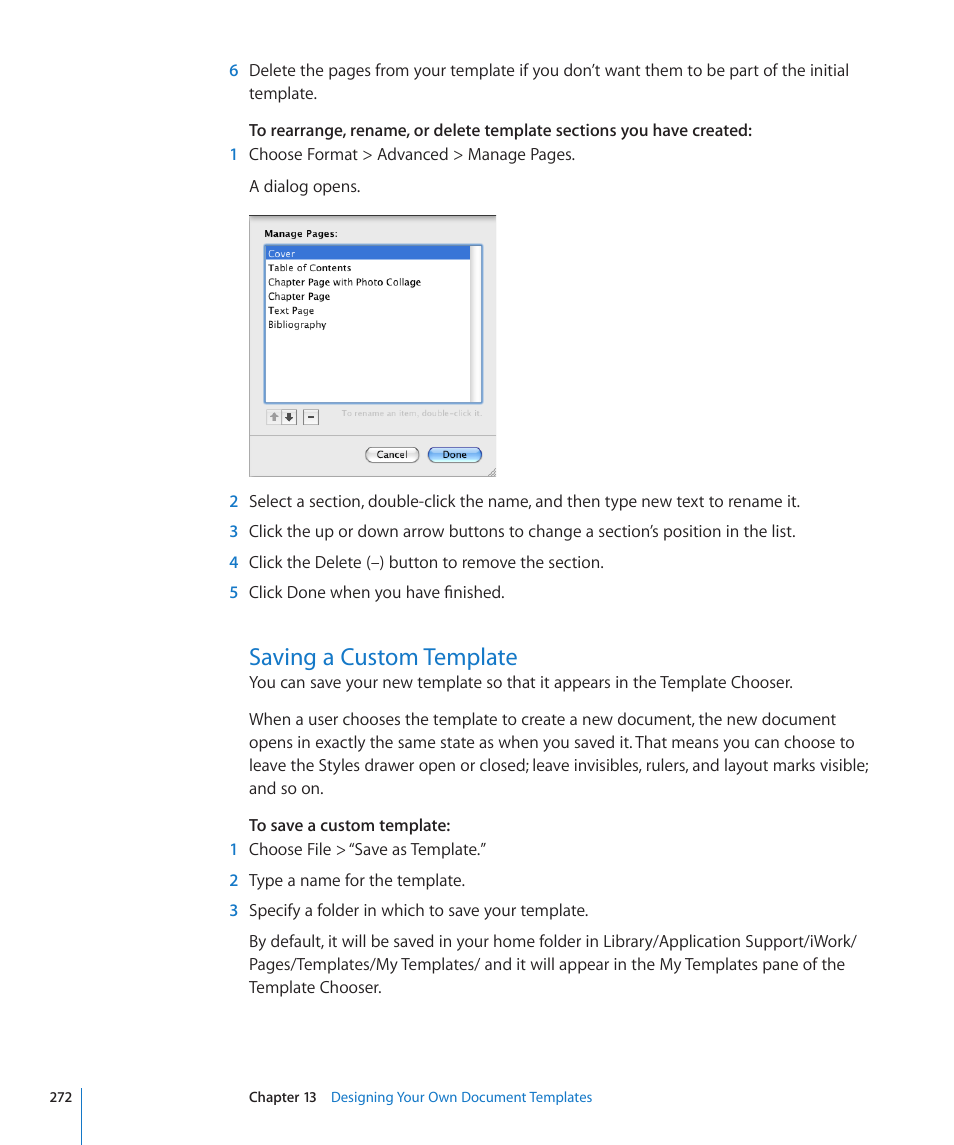 Saving a custom template, 272 saving a custom template | Apple Pages '09 User Manual | Page 272 / 279