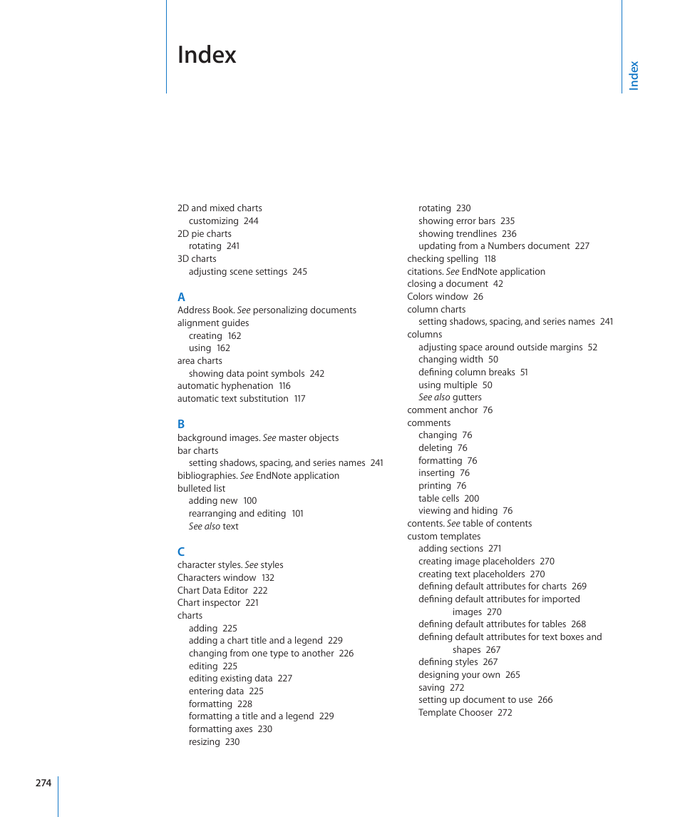 Index | Apple Pages '09 User Manual | Page 274 / 279