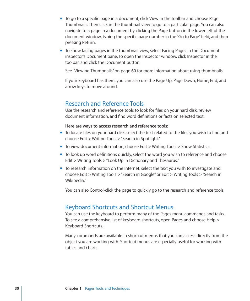 Research and reference tools, Keyboard shortcuts and shortcut menus | Apple Pages '09 User Manual | Page 30 / 279