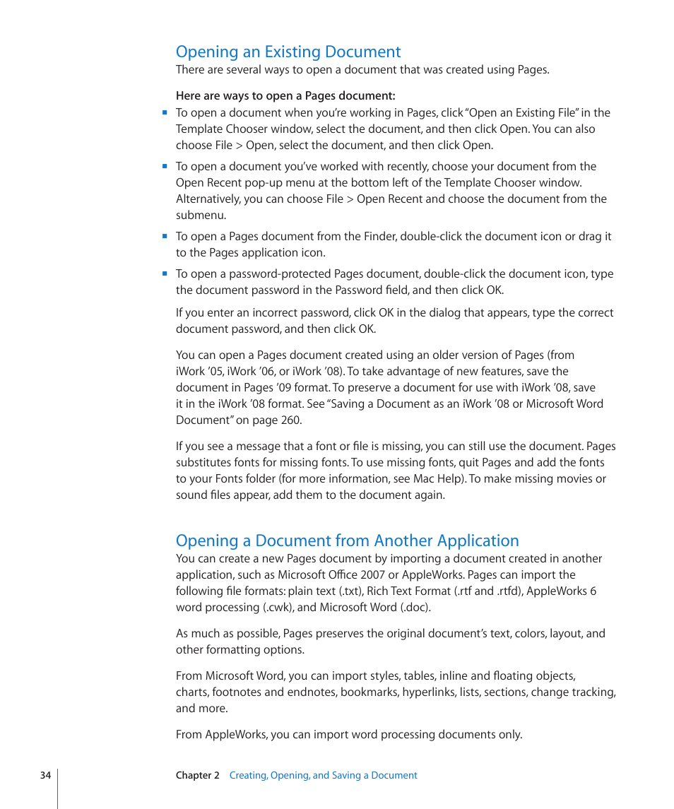 Opening an existing document, Opening a document from another application | Apple Pages '09 User Manual | Page 34 / 279