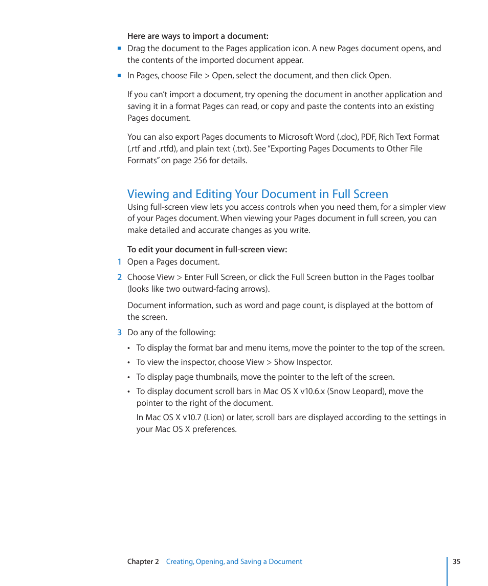 Viewing and editing your document in full screen | Apple Pages '09 User Manual | Page 35 / 279