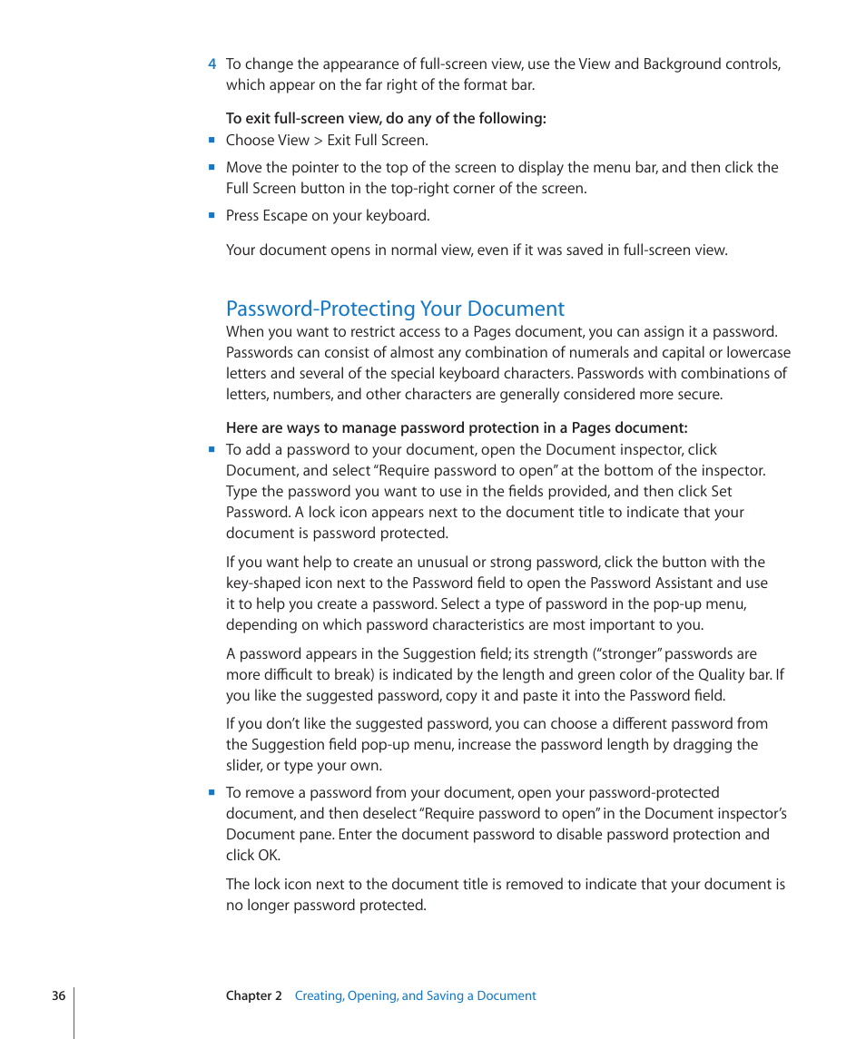 Password-protecting your document, 36 password-protecting your document | Apple Pages '09 User Manual | Page 36 / 279