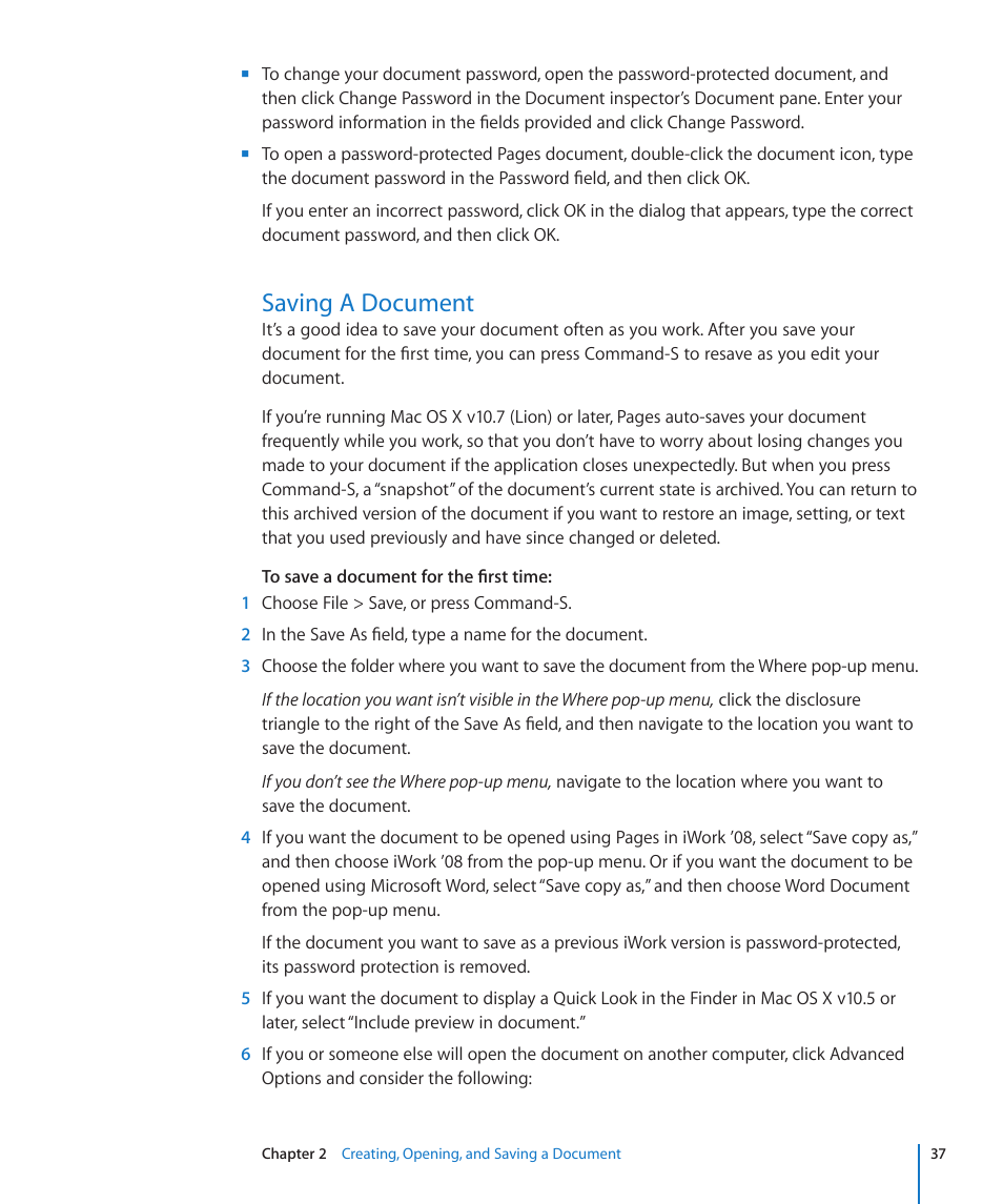 Saving a document, 37 saving a document | Apple Pages '09 User Manual | Page 37 / 279