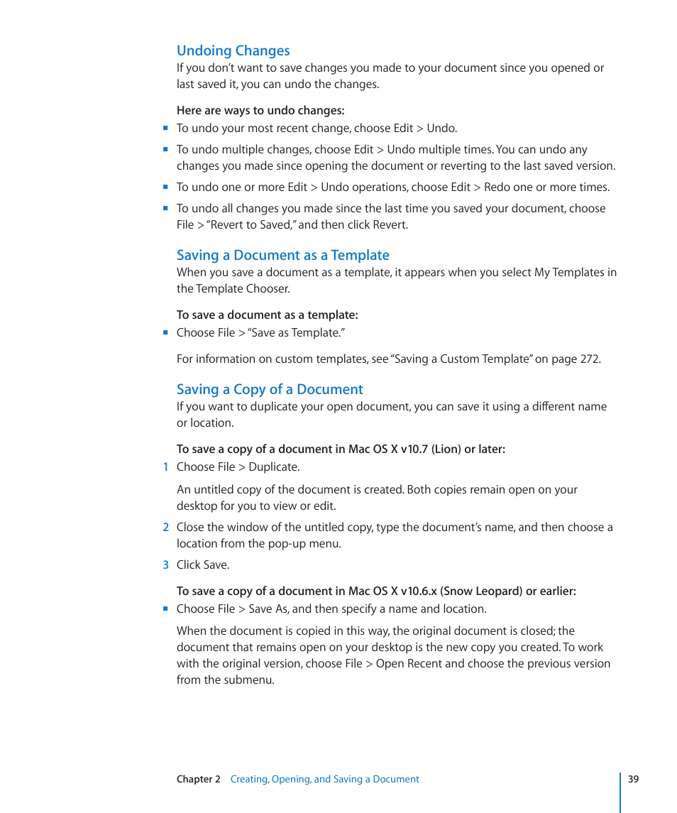 Undoing changes, Saving a document as a template, Saving a copy of a document | Apple Pages '09 User Manual | Page 39 / 279