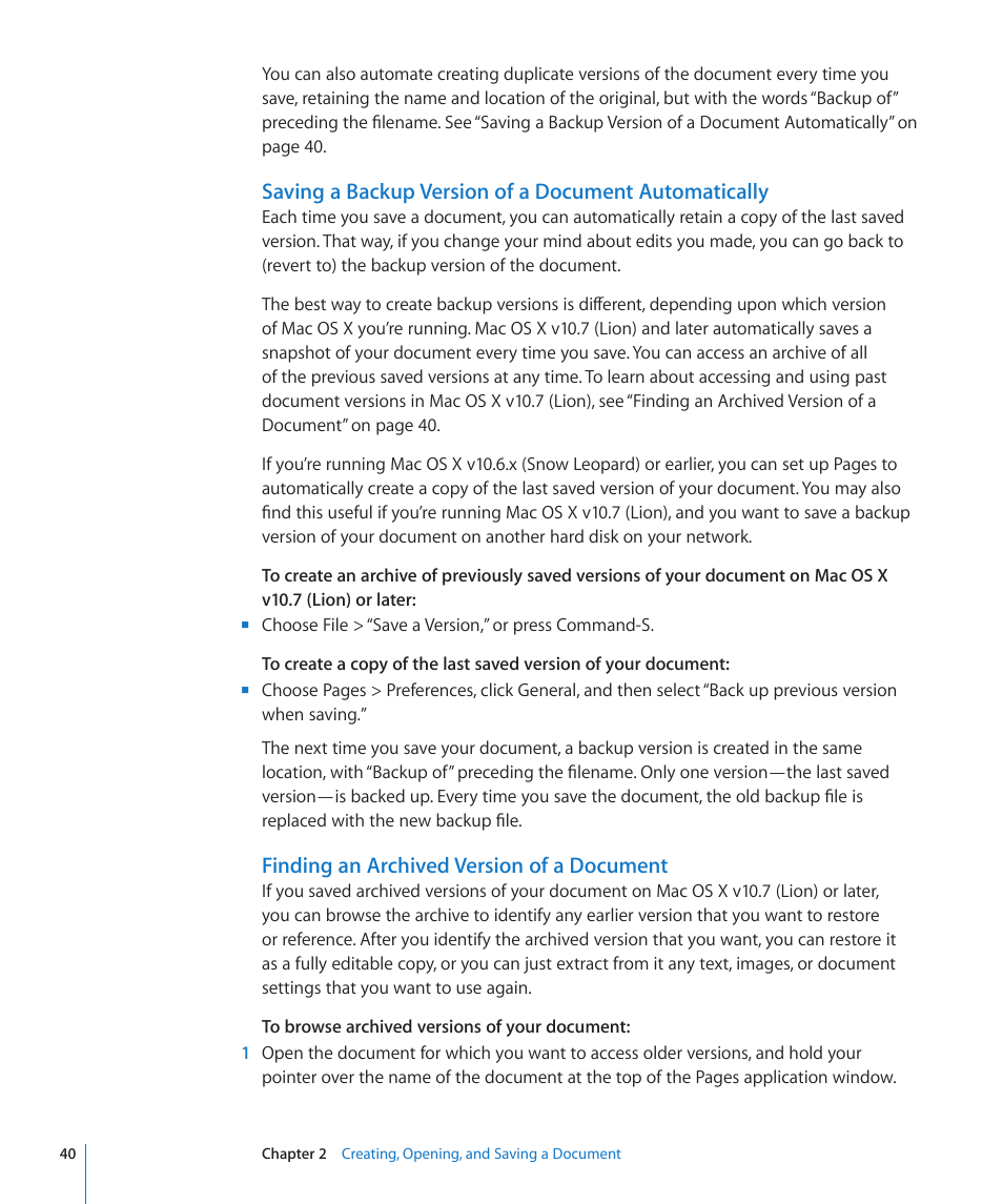 Finding an archived version of a document | Apple Pages '09 User Manual | Page 40 / 279