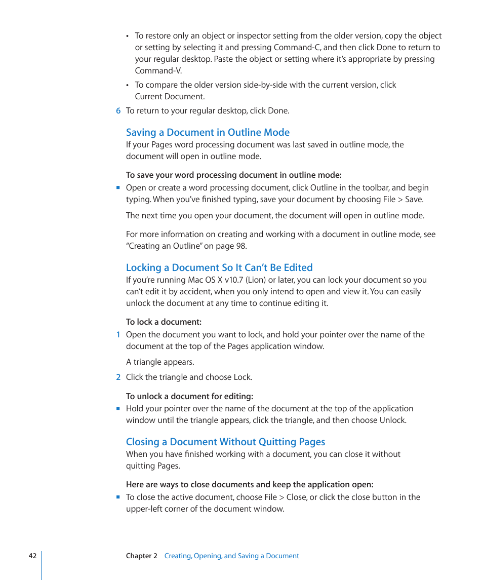 Saving a document in outline mode, Locking a document so it can’t be edited, Closing a document without quitting pages | Apple Pages '09 User Manual | Page 42 / 279