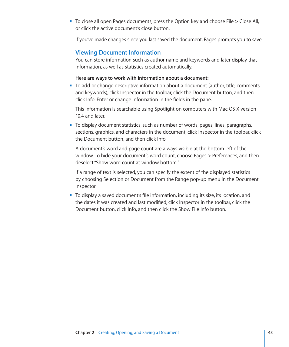 Viewing document information | Apple Pages '09 User Manual | Page 43 / 279