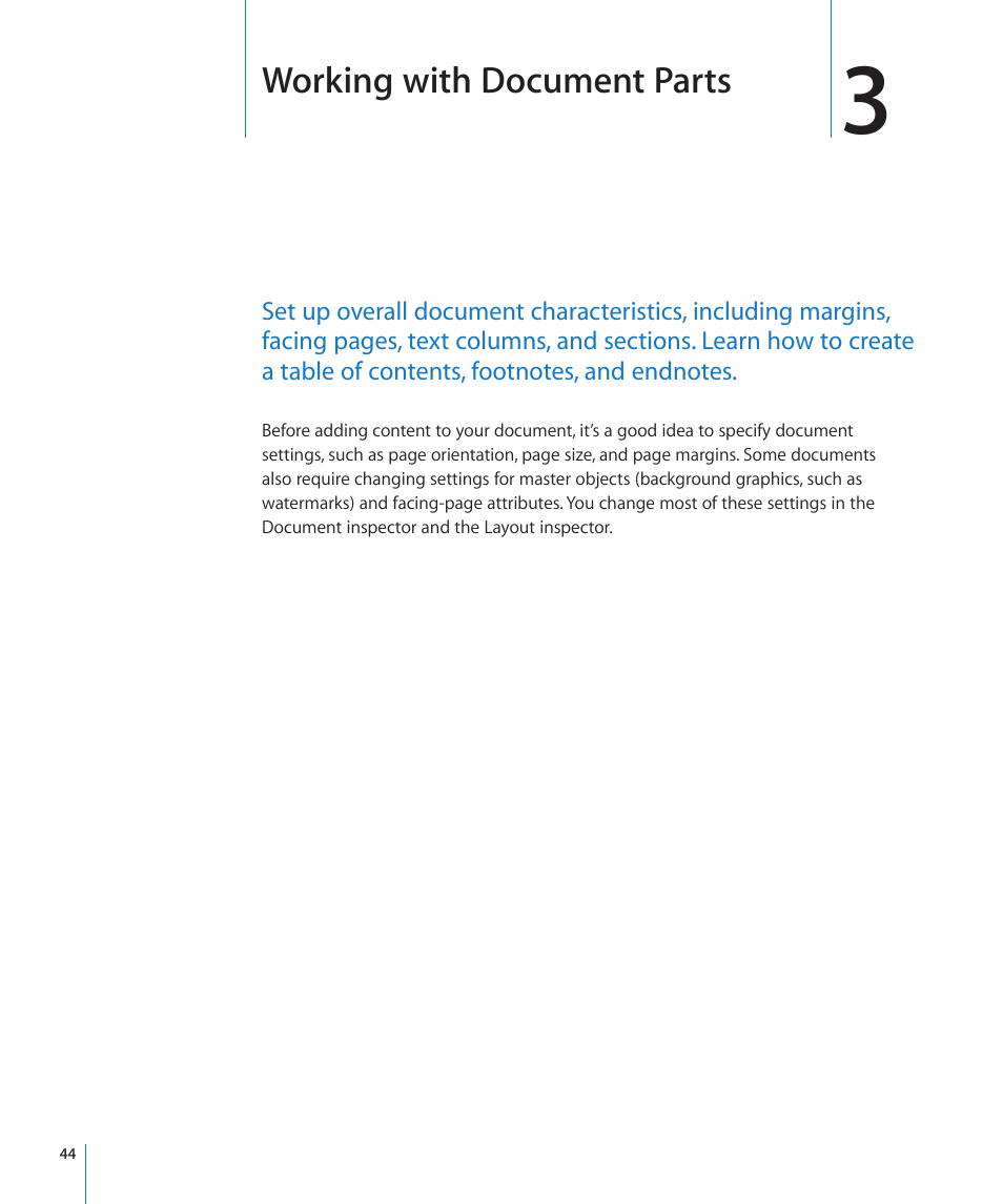 Chapter 3: working with document parts, Chapter 3: working with document parts, Working with document parts | Apple Pages '09 User Manual | Page 44 / 279
