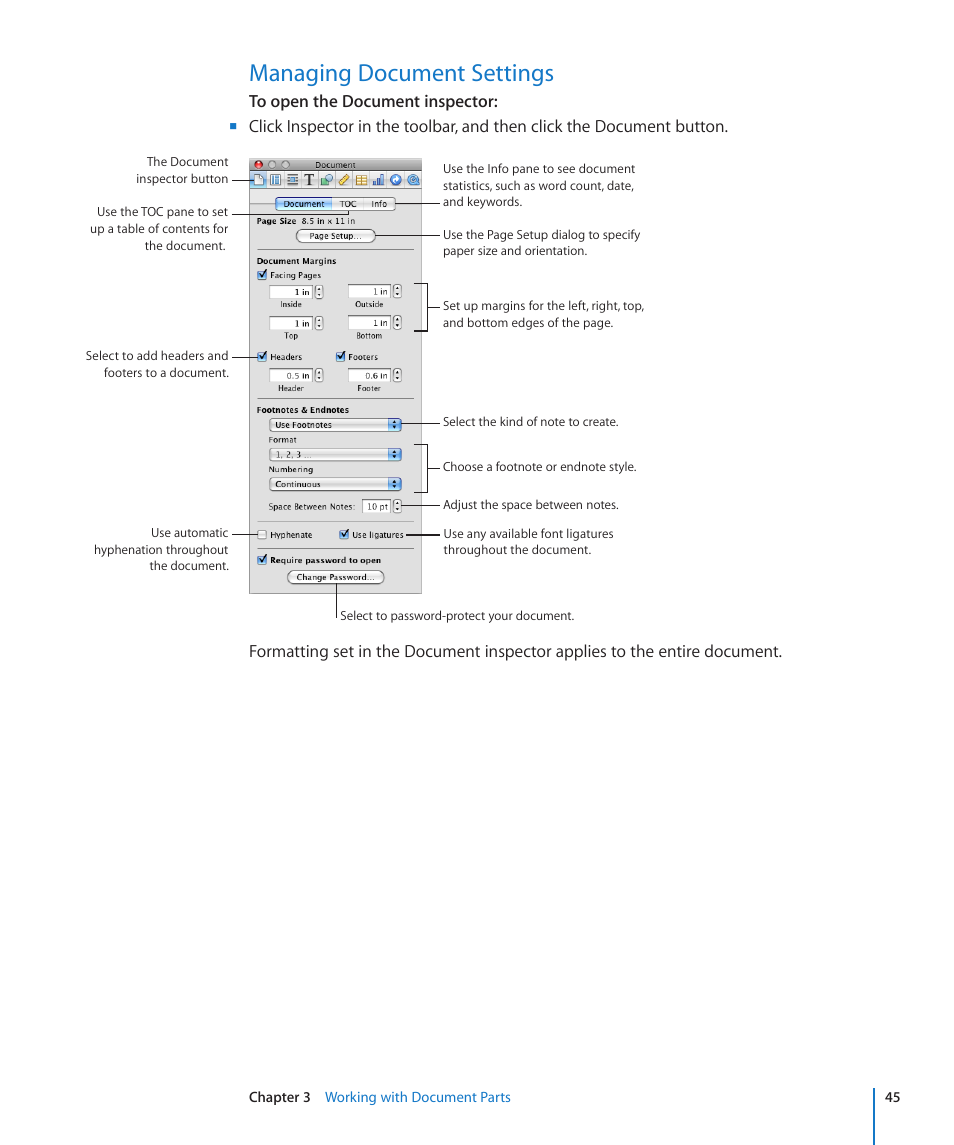 Managing document settings, 45 managing document settings | Apple Pages '09 User Manual | Page 45 / 279