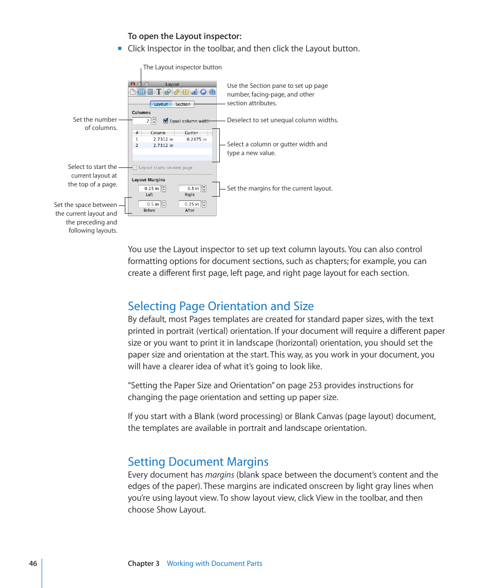 Setting document margins, Selecting page orientation and size | Apple Pages '09 User Manual | Page 46 / 279