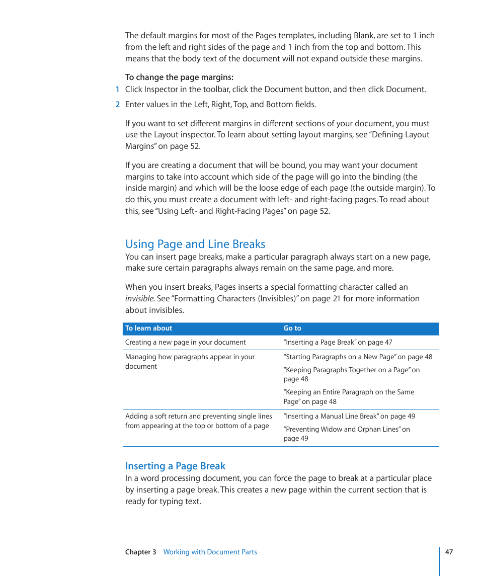Using page and line breaks, Inserting a page break | Apple Pages '09 User Manual | Page 47 / 279