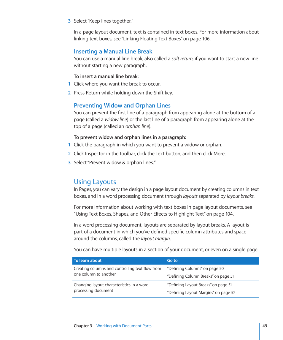 Inserting a manual line break, Preventing widow and orphan lines, Using layouts | 49 using layouts | Apple Pages '09 User Manual | Page 49 / 279