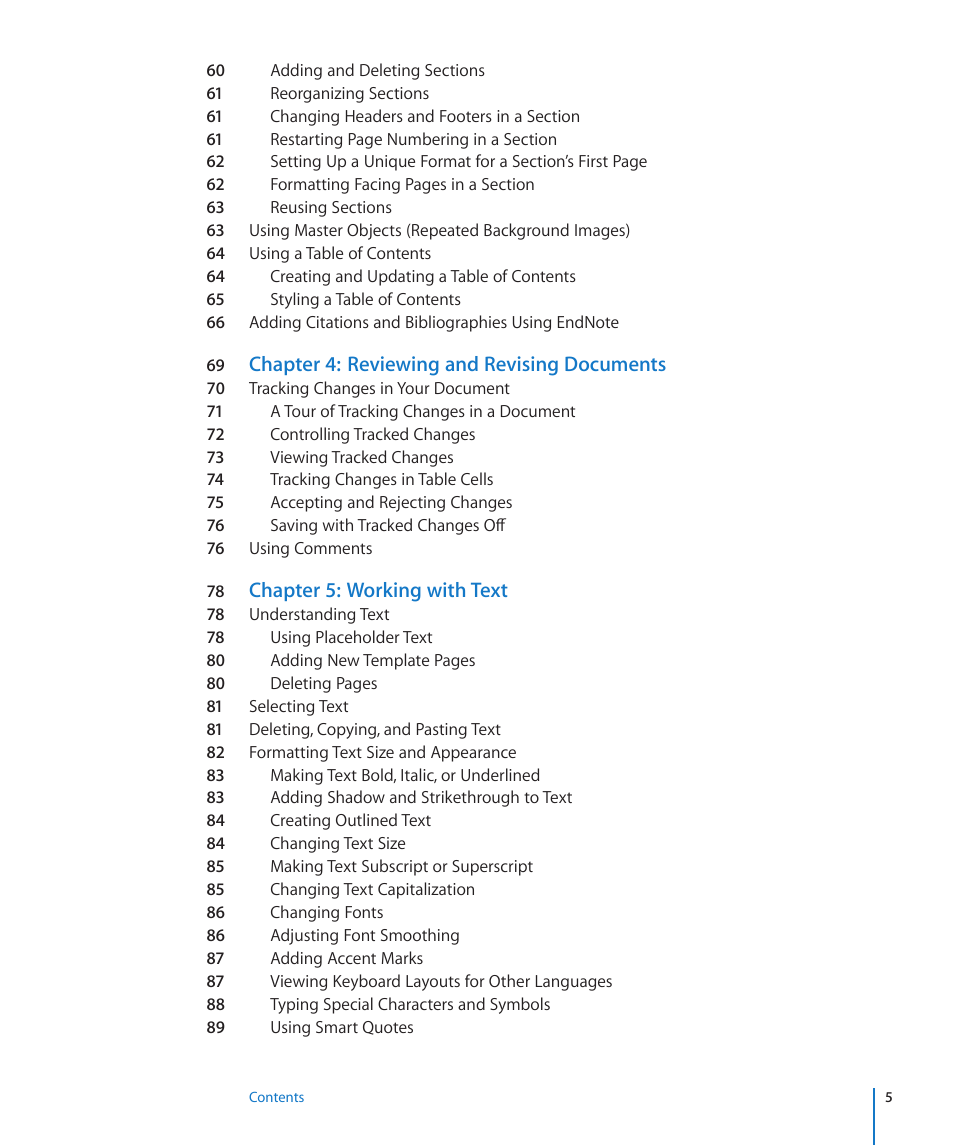 Chapter 4: reviewing and revising documents, Chapter 5: working with text | Apple Pages '09 User Manual | Page 5 / 279