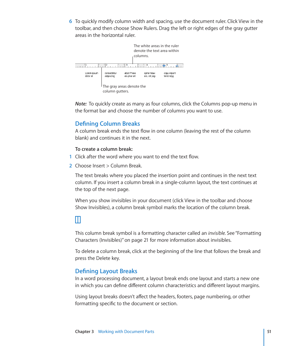 Defining column breaks, Defining layout breaks, Eak (“defining column breaks | Eak (“defining layout breaks | Apple Pages '09 User Manual | Page 51 / 279